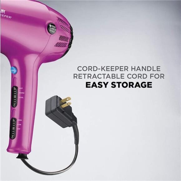 Conair Hair Dryer with Retractable Cord, 1875W Cord-Keeper Blow Dryer,Pink - Picture 2 of 8